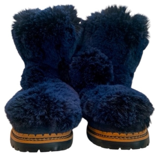 Sam Edelman faux fur winter lace up Pom boots slip on blue black fuzzy navy NWOT - Picture 4 of 9
